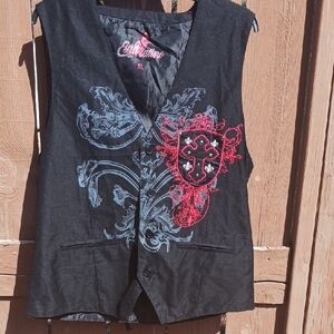 Estilo Latino Black Vest with Red and Gray Embroidery. Sleeveless Vest. unisxex.